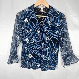 Clothing Co‎ Black and Blue two textured Sheer Floral sleeve Blouse Size Small